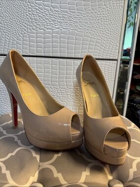 Christian Louboutin Nude Patent Peep-Toe Platform Pumps with Red Soles